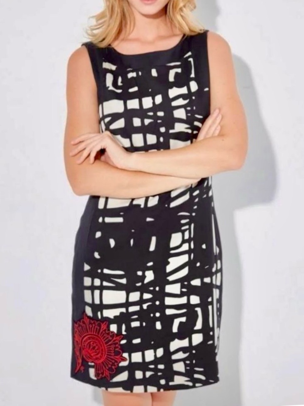 Desigual Black & White Abstract Lines Mini Dress with Red Accents & We ❤️ Love